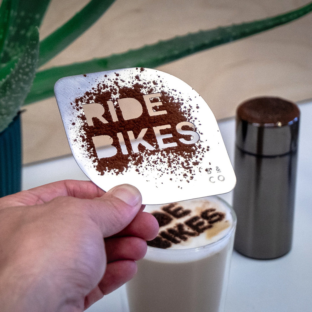 Cocoa stencil in use on latte Ride Bikes